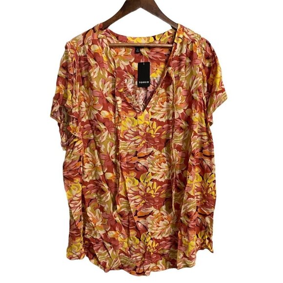 Torrid Womens NWT Tie Neck Crepe Vneck Floral Burnt Orange Peasant Blouse Top 3X - Picture 2 of 9